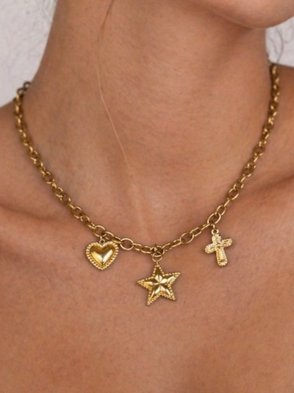 Gold Charm Necklace Star Cross and Heart